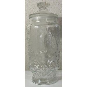 Vintage Anchor Hocking Rainflower Clear Glass Jar With Lid Canister Embossed